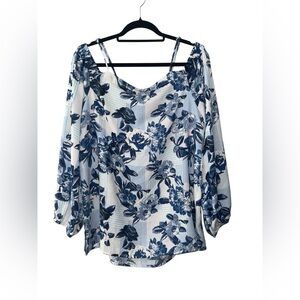 Pleione Blue and White Floral long Sleeve Blouse
